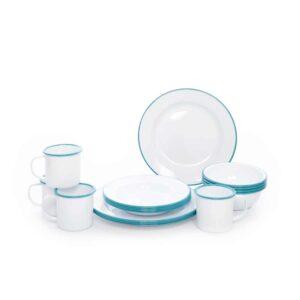 Enamelware Vintage 16pc Dinnerware Starter Set - Turquoise Rim by Crow Canyon