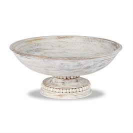 Beaded Whitewashed Wood Pedestal Bowl