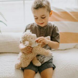 loving child with plush shep sheep